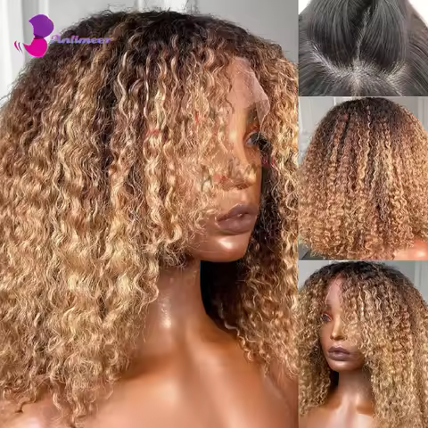 Curly Afro Wig Black Roots Honey Blonde Curly Wig For Black Women Human Hair Afro Kinky Curly Lace F