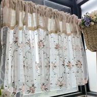 Pink Flower Sheer Short Sheer Tier Curtain Romantic Floral Embroidered Half Window Curtains Sheer Rod Pocket Kitchen Voile Faux Linen Sliding Door