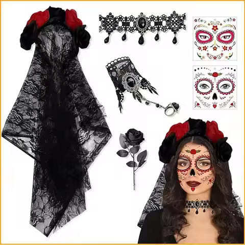 6Pcs Day of The Dead Costume Accessories Set Women Rose Flower Crown Headband Black Lace Veil Choker