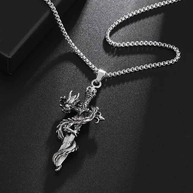 Kalung Naga Pedang V2 - Creative Dragon Winding Cross Pendant Necklace For Men Women / Kalung + Lion