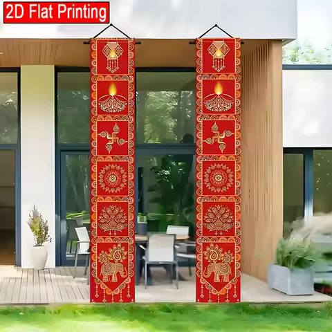 2 Large Indian Festival Door Curtains with Red and Gold Lantern Pattern, Indian Diwali Decorations,