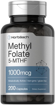 Horbäach Methyl Folate 1000 mcg | 200 Capsules | 5-MTHF | Folic Acid Supplement | Non-GMO, Gluten Fr