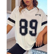 Summer Women Winner Number 89 Print T-shirts Female Summer Basic V-neck Tees Casual Retro Streetwear