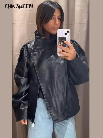 Fashion Women's Stand Collar Lether Jackets Full Sleeve Button Solid Lady Jacket 2025 Autumn Winter