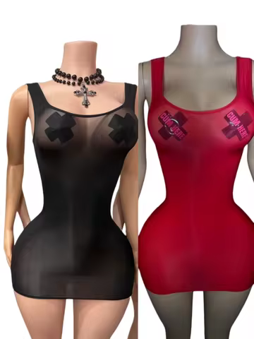 Joskaa Super Elastic Glossy Shiny Body Stocking Dress Sheer Perspective Sleeveless Backless Club Tan