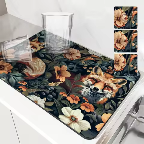 Large Kitchen Absorbent Mat Fox Flowers Antiskid Draining Coffee Dish Drying Mat Quick Dry Bathroom 