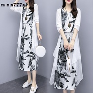 JS Women's Clothing Medium - long print dress art cotton linen two - piece match Plus Size Dress Lab