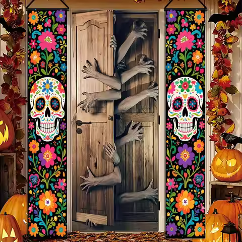 Mexican Day of the Dead decoration featuring double-layered sugar skulls and marigold elements desig