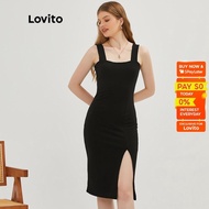 Lovito Vintage Dress Plain Rib Knit Split Hem Dress for Women L20D256 (Black)