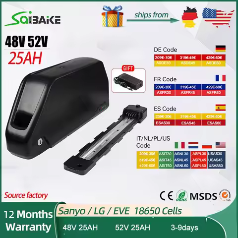 Polly 48V 25AH 24AH Ebike Battery Downtube 52V 25AH Electric Battery 40A BMS Original 21700 Lithium 