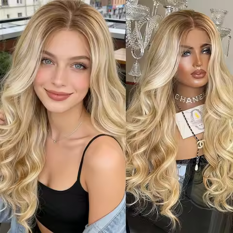 Golden Blonde Highlights Synthetic Lace Front Wig 13x4 Glueless Rooty Long Wavy for Women Natural Ha