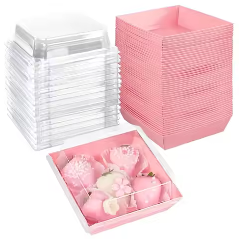 Pink Charcuterie Boxes with Clear Lids 4x4 Inch, 100 Pack Square Kraft Bakery Cake Slice Boxes with 