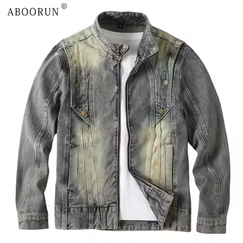 ABOORUN Men's Punk Rivets Denim Jackets Patchwork Motorcycle Slim fit Coats for Male