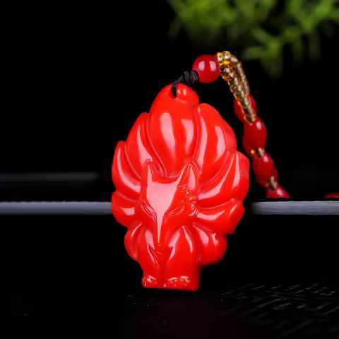 Red Jade Nine Tailed Fox Pendant Jewelry Amulet Gifts Gemstone Carved Charm Natural Necklace Fashion