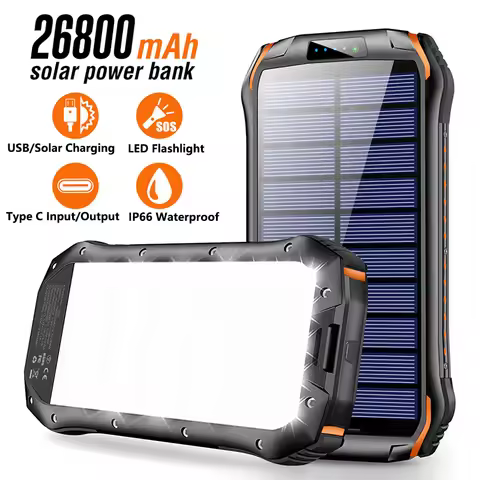 26800mAh Waterproof Solar Power Bank 3.1A Fast Charging External Battery Powerbank with Camping Ligh