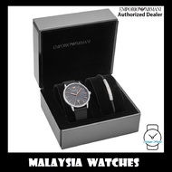 (100% Original) Emporio Armani Men's AR80026 Grey Sunray Dial Black Leather Watch Gift Set (2 Years 