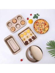 1只金色碳鋼不黏蛋糕模具,內含4或6孔杯子蛋糕模,心形披薩盤,正方形烤盤,長方形烤盒,圓形披薩盤或可拆底蛋糕盤
