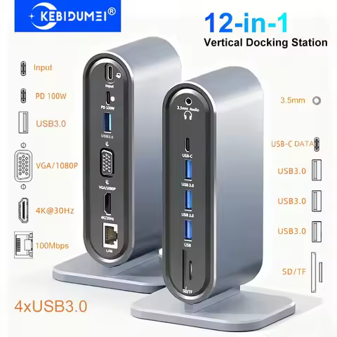 12-in-1 Vertical Docking Station USB C HUB TYPE C Splitter HDMI 4K30Hz/LAN 100M/USB3.0 5Gbps/VGA 108