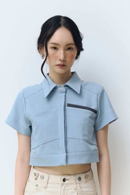 POCKETWOOD - Dollar crop shirt V.2 เสื้อเชิ้ตครอปแขนสั้น กระเป๋าหน้า2ข้าง ใส่ของได้ ดีเทลเย็บป้ายโลโ