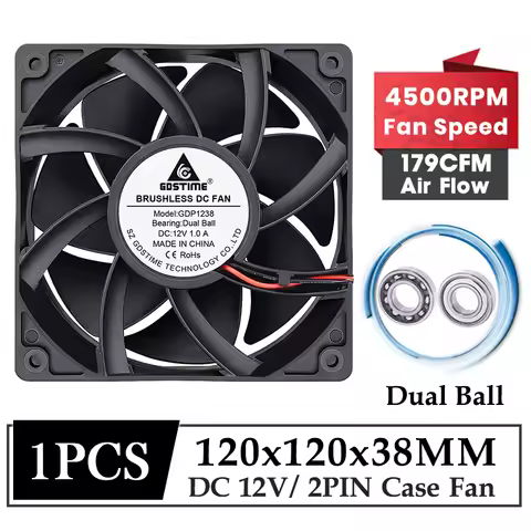 Gdstime DC 12V Fan 120MM Cooler Fan 120MM*38MM Dual Ball Brushless Cooling Fan 12038 High Speed 4500
