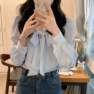 Blue Striped Shirt Bow Shirt Women
