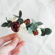 Burgundy bridal hair comb Flower hair comb Eucalyptus wedding hair piece