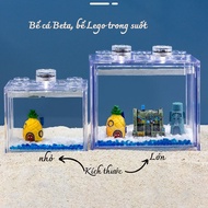 Beta fish tank, Lego fish tank. Transparent plastic fish tank decorates study table and desk