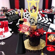 5 món đồ trang trí tiệc sinh nhật theo chủ đề phim, hộp đựng bỏng ngô màu đỏ và trắng, tượng Oscar, 