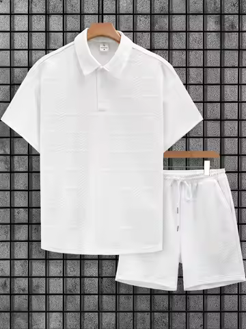 Men's White Argyle Textured Polo Shirt & Drawstring Shorts Set 2 Piece Summer Casual Outfit
