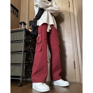 American Retro Wine Red Cargo Pants Men Trendy Brands High Street Vibe Wind Tactical Pants Casual Easiest for Match plus Size Pants