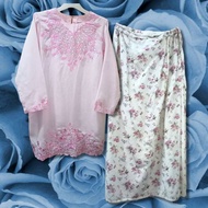 [M-L] Baju Kurung Moden Pink Putih Cotton Sulam Floral Bundle