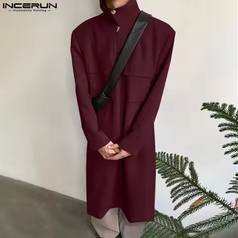 INCERUN Men Casual Coats 2025 Simple Solid Pockets Male Trench Zipper Long Sleeve Tops Solid Elegant