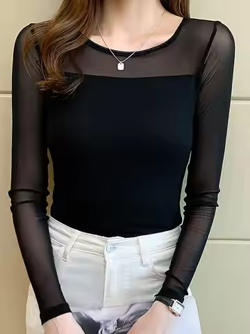 Spring 2025 Women's Elastic Lace irt Long Sve Breathable Me Base Top Versatile Pure Color plus Size 