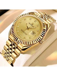 Proking豪華男士商務手錶,防水全金不鏽鋼手鏈石英手錶,黃色表盤鑲嵌鑽石,日常佩戴