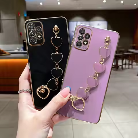 A 53 33 23 73 52 32 Luxury Plating Love Heart Bracelet Chain Case For Samsung Galaxy A53 A33 A13 A23