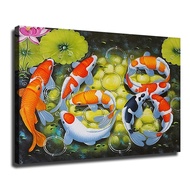 Nine Koi Fish Feng Shui Carp Lotus Pond Picture Oil Painting Canvas Poster Living Room Office Decor