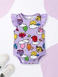 Mr Men Little Miss X SHEIN 嬰兒女孩漫畫圖案荷葉紋袖子連體衣