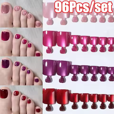 4Grid 4colors Cat Eyes Fake Nails Red/Pink/Purple/Rose Short Square Red Press On Toenails Detachable