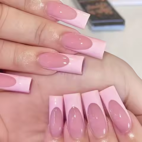 24Pcs Pink French Tip False Nails Nude Color Press On Nails Mid-length Coffin Acrylic Wearable Fake 