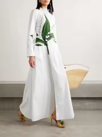 UOOZEE Women's Elegant Floral Printed High Waisted Wedding Guest Maxi Dresses Long Sleeves Stand Col