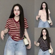 Short-sleeved heart-neck striped t-shirt (1502) bigsize 45-85kg, cool, smooth cotton material