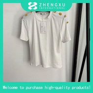 2025 Round Neck Genuine Shoulder Metal Button Epaulette Design t-Shirt Tencel Ice Silk Short-Sleeved