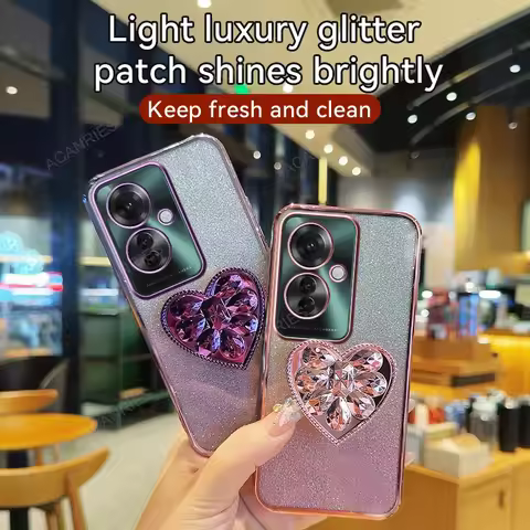For Oppo Reno 11 F 5G A 12 Fs 10 Pro 6 7 4G Find X5 X3 Lite Heart Stand Glitter Plating Silicone Cas