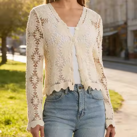 Daisy Crochet Cardigan Women Embroidered Floral Long Sleeve Button Up Blouse Open-stitch Beach Cover