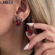 LANXIU Y2K Alt Hot Girl Skeleton Hand Stud Earrings Glossy Red Heart Zircon Retro Halloween Gunmetal