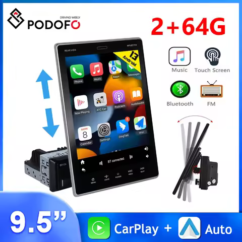 Podofo 9.5'' Multimedia 1Din Android 1Din Radio With Screen 2+64G Car Radio Carplay Android Auto Voi