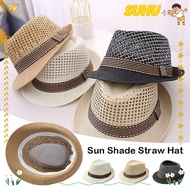 SUHU Straw Fedora Hat, Trilby Straw Sun Cap,  Short Brim Breathable Floral Hat Man