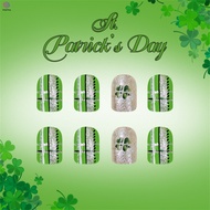 24PCS Clover Fake Nails with Shimmer Powder and Lines Printed for St Patrick's Day