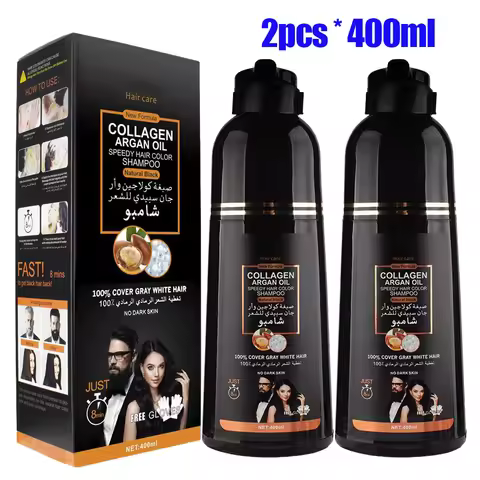 2pcs Collagen Argan Oil Black Hair Dye Shampoo 400ml 3 in 1 Nourishing Formula for Gray Hair, Long-L