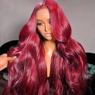 200% Density 99j Burgundy Red Color Body Wave Human Blended Hair 13X4 Lace Frontal Wigs For Women Pr